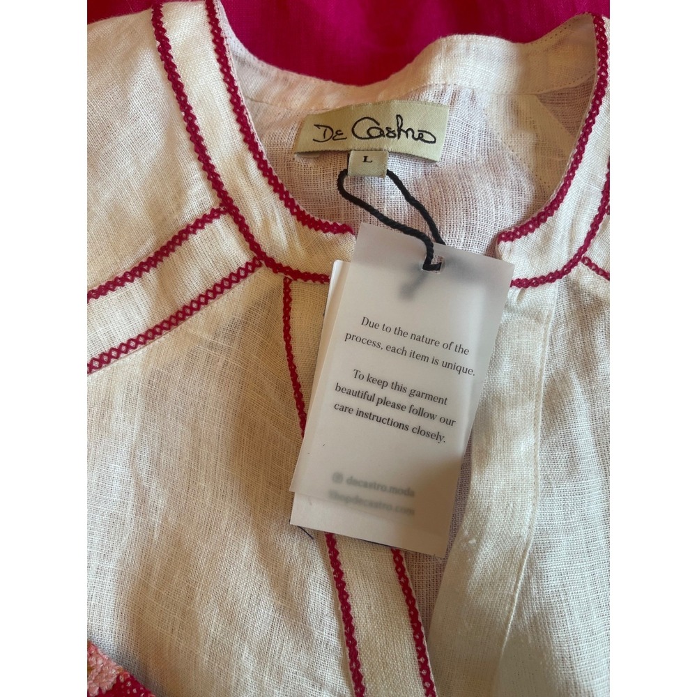 De Castro Maxi Dress Pink White Floral Embroidered Linen Lg Boho Cottagecore - Picture 5 of 10